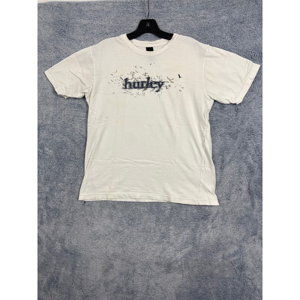 Hurley Mens Graphic T-Shirt White Distressed Logo Birds Crew Neck XL 100% Cotton